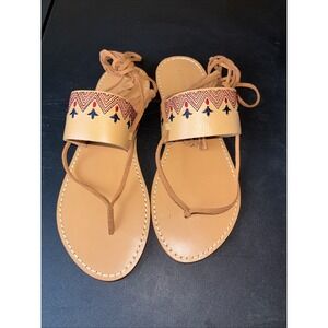 Women's Soludos Embroidered Leather Lace-Up Tan Boho Sandals - Size 9